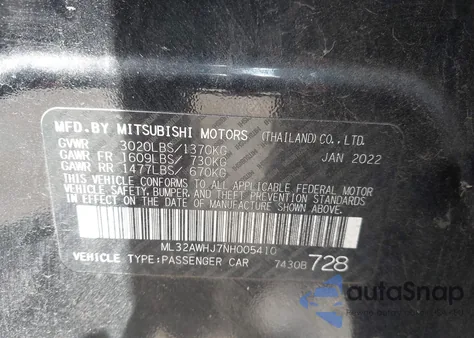 2022 Mitsubishi Mirage Black Edition/Se из США, поврежденный, VIN ML32AWHJ7NH005410